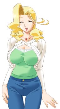 Rule 34 | 1girl, blonde hair, breasts, casual, cleavage, closed eyes, denim, game cg, gan-chan (artist), happy, hitozuma sentai aisaiger, huge breasts, jeans, jewelry, large breasts, large variant set, long hair, mature female, necklace, non-web source, official art, open mouth, pants, ring, self-datamine, smile, solo, sophie andrea yukitou, tachi-e, thigh gap, transparent background, variant set