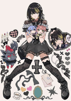 3girls absurdres beads black_bow black_dress black_hair black_ribbon black_shoes black_thighhighs blonde_streaks bow bowtie braid candle character_doll character_request commentary cross crossbody_bag cup doll dress frilled_dress frilled_thigh_strap frills hair_ribbon heart highres holding holding_stuffed_toy idolmaster idolmaster_shiny_colors ikaruga_luca jirai_kei lace lace_shirt lace_socks lace_trim looking_at_viewer medium_hair mou_(piooooon) multicolored_hair multiple_girls nintendo pokemon pokemon_(creature) ribbon ribbon_braid shoes side_braid sidelocks sitting streaked_hair stuffed_animal stuffed_toy symbol-only_commentary teacup thigh_strap thighhighs white_background yellow_eyes