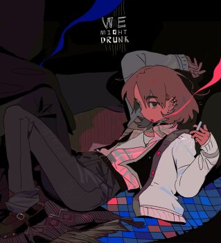 arm_up belt black_eyes blonde_hair cigarette color_contrast ear_piercing earrings hand_up highres holding holding_cigarette jacket jewelry long_sleeves looking_at_viewer lying mk1liaoqian necklace on_back open_clothes original pants piercing pill_on_tongue plaid_clothes plaid_shirt shirt shoes smoking solo thick_eyebrows tongue tongue_out white_jacket