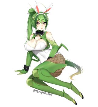 1girl animal_ears arm_support arthropod_girl breasts brown_pantyhose cleavage commentary covered_navel english_commentary extra_eyes fake_animal_ears female_focus fishnet_pantyhose fishnets gradient_hair green_eyes green_hair hair_between_eyes hairband large_breasts leotard long_hair looking_at_viewer mantis mantis_girl multicolored_hair original pantyhose parted_lips playboy_bunny ponytail rabbit_ears simple_background sitting solo terupancake twitter_username very_long_hair white_background white_leotard wrist_cuffs