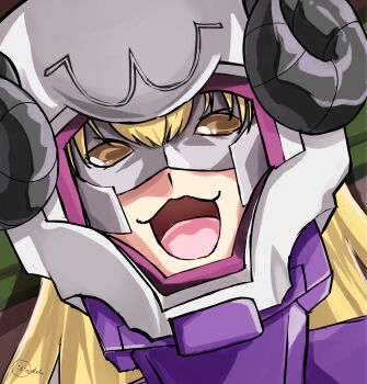 1girl :d artist_logo artist_name blonde_hair commentary_request cosplay gundam gundam_seed helmet highres hololive horns inokeiwd logo mask mecha_pilot_suit normal_suit_(gundam) open_mouth portrait rau_le_creuset rau_le_creuset_(cosplay) smile solo tsunomaki_watame virtual_youtuber