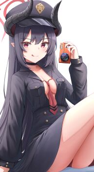 1girl :q absurdres black_choker black_hair black_horns blue_archive blush breasts camera chiaki_(blue_archive) choker cleavage closed_mouth demon_girl demon_horns gehenna_academy_logo halo hat highres holding holding_camera horns kuneamorai long_hair long_sleeves looking_at_viewer loose_necktie necktie open_clothes open_shirt panties pantyshot peaked_cap peroro_(blue_archive) pointy_ears red_eyes red_halo red_necktie simple_background sitting smile sticker thighs tongue tongue_out underwear white_background