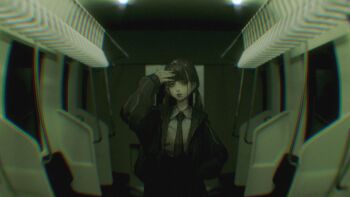 1girl 3d_background arai_bokuseki black_jacket black_necktie chromatic_aberration collared_shirt commentary_request fanged_bangs film_grain highres jacket lips looking_at_viewer mixed_media necktie open_clothes open_jacket original pale_skin shirt solo train_interior twintails