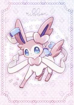 animal_focus blue_background blue_eyes blush commentary_request full_body gen_6_pokemon gigii2810 gradient_background highres mixed-language_commentary nintendo no_humans pink_background pokemon pokemon_(creature) pokemon_focus purple_background smile solo sylveon