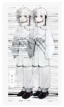 052_(saniiiwan) 2girls :d absurdres arms_at_sides black_footwear border clone closed_mouth collared_jacket full_body grey_eyes hair_between_eyes high-waist_pants highres jacket long_sleeves looking_at_viewer multiple_girls open_mouth original pants shoes short_hair side-by-side sidelocks smile standing static teeth white_border white_hair white_jacket white_pants