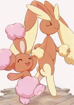 2others absurdres alternate_color brown_fur buneary closed_eyes closed_mouth evolutionary_line furry gen_4_pokemon highres lopunny multiple_others nintendo open_mouth pink_fur pokemon pokemon_(creature) pokemon_focus raaaichupudding rabbit shiny_pokemon smile standing tail two-tone_fur yellow_fur