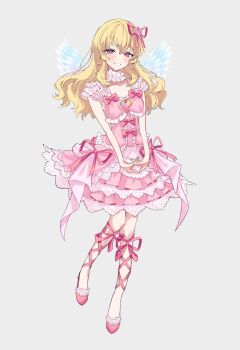 1girl absurdres aikatsu!_(series) angel_wings blonde_hair blush bow brooch choker dress earrings fake_wings frilled_choker frills full_body grey_background grin guri_(ak1002s) hair_ribbon heart heart_brooch heart_earrings highres hoshimiya_ichigo jewelry leg_ribbon long_hair looking_at_viewer own_hands_together pink_bow pink_dress pink_eyes pink_ribbon pink_shoes ribbon shoes simple_background sleeveless sleeveless_dress smile solo wings