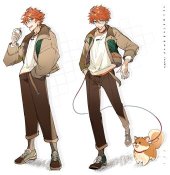 1boy akehoshi_subaru blue_eyes brown_jacket brown_pants daikichi_(ensemble_stars!) dog dongbackbyul ensemble_stars! full_body hair_between_eyes hand_in_pocket hand_up highres holding holding_leash jacket leash long_sleeves looking_at_viewer male_focus multiple_views open_mouth orange_hair pants shirt short_hair smile white_background white_shirt