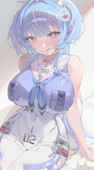 Rule 34 | 1girl, :p, absurdres, animal ear headphones, animal ears, blue eyes, blue hair, blue neckerchief, blunt bangs, blush, bodypaint, breasts, cat ear headphones, cat ears, commentary, covered navel, eoboong, eyelashes, fake animal ears, goddess of victory: nikke, hair intakes, headphones, heart, heart-shaped pupils, highres, impossible clothes, large breasts, long hair, looking at viewer, mekami shifty (nikke), neckerchief, painted clothes, sitting, solo, symbol-shaped pupils, tongue, tongue out, two side up