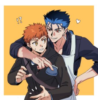Rule 34 | !?, apron, arm around neck, black jacket, blue hair, chinese commentary, coin purse, commentary request, cu chulainn (fate), cu chulainn (lancer) (fate), earrings, emiya shirou, fate/stay night, fate (series), hand on own hip, heart, height difference, highres, holding, hood, hooded jacket, jacket, jewelry, low ponytail, orange eyes, orange hair, ponytail, red eyes, smile, spades moai, sweat, white apron
