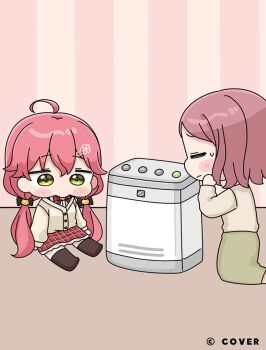 2girls ahoge black_bow blush_stickers bow brown_cardigan brown_hair brown_shirt brown_skirt brown_thighhighs cardigan character_request chibi closed_eyes closed_mouth commentary_request green_eyes hair_between_eyes hair_bow hand_up hololive indoors kneeling long_hair long_sleeves low_twintails mochimiko multiple_girls official_art pink_hair plaid_clothes plaid_skirt puffy_long_sleeves puffy_sleeves red_bow red_skirt sakura_miko shirt sitting skirt small_sweatdrop sweat thighhighs twintails very_long_hair virtual_youtuber white_shirt yurie_mouth