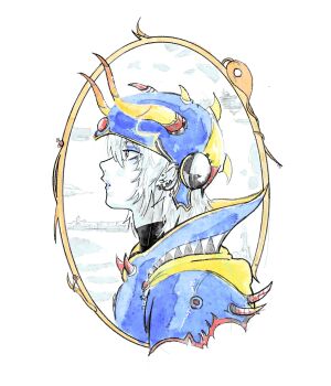 1boy armor blue_armor blue_eyeshadow blue_helmet blue_lips cape commentary ear_piercing english_commentary eyeshadow fake_horns final_fantasy final_fantasy_i from_side green_eyes helmet high_collar highres horned_helmet horns lipstick makeup male_focus multiple_piercings omnukij ornate_armor pale_skin parted_lips piercing portrait_(object) profile short_hair solo spiked_armor spikes warrior_of_light_(ff1) white_hair yellow_cape yellow_horns