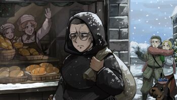 2boys 3girls aged_down backwards_hat bird black_cloak black_hair blonde_hair bread brown_hair chicken cloak commentary diva_(hyxpk) dobermann dog english_commentary father_(diva) food glasses green_jacket green_mittens grey_hair hat highres jacket little_nuns_(diva) mittens mole mole_under_mouth mouse_(animal) multiple_boys multiple_girls red_scarf round_eyewear scarf shared_clothes shared_scarf snow snowing strict_nun's_father_(diva) strict_nun's_mother_(diva) white_jacket