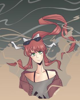 alternate_costume black-framed_eyewear brown_hair closed_mouth commentary doki_doki_literature_club earrings english_commentary eyelashes eyewear_on_head floating_hair green_eyes grey_shirt hair_ribbon highres jacket jewelry laphurus long_hair looking_at_viewer monika_(doki_doki_literature_club) open_clothes open_jacket ponytail ribbon sandstorm shirt sidelocks solo suna_no_wakusei_(vocaloid) sunglasses twitter_username upper_body white_ribbon