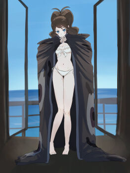 1girl annoyed balcony beach_house bikini blue_eyes blue_sky bra brown_cloak cape cloak commentary_request cosplay facing_viewer ghetsis_(pokemon) ghetsis_(pokemon)_(cosplay) high_ponytail highres hilda_(pokemon) holding holding_unworn_clothes horizon indoors inuka_48 light_blush long_sidelocks midriff nintendo ocean open_window panties pokemon pokemon_black_2_and_white_2 pokemon_black_and_white ponytail sidelocks sky swimsuit underwear unworn_cape wavy_hair white_bikini white_bra white_panties window