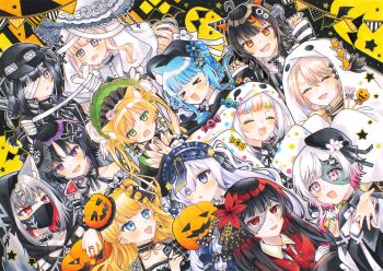 &gt;_&lt; 6+girls :d ahoge akatsuki_nea animal_ear_headphones animal_ears bandage_over_one_eye beret black_hair black_hat blonde_hair blue_eyes blue_hair braid braided_hair_rings butterfly_hair_ornament candy cat_ear_headphones cat_ears closed_eyes everyone fake_animal_ears flower food ghost_costume gothic_lolita gradient_hair hair_flower hair_ornament hair_over_one_eye hair_rings hairband halloween halloween_costume hand_up hasumi_leia hat headphones highres hikami_meruru holding holding_candy holding_food holding_lollipop housho_margo jack-o&#039;-lantern jogasaki_noah kemonomimi_mode kurobe_nanoka lolita_fashion lolita_hairband lollipop long_hair long_sleeves looking_at_another looking_at_viewer magical_girl mahou_shoujo_no_majo_saiban marker_(medium) mask mouth_mask multicolored_hair multiple_girls natsume_an-an necktie nikaido_hiro open_mouth orange_eyes pink_eyes pink_hair purple_eyes red_eyes red_flower red_necktie saeki_miria sakuraba_ema sawatari_coco sharp_teeth shito_alisa short_hair sleeves_past_fingers sleeves_past_wrists smile stitched_face stitches streaked_hair string_of_flags tachibana_sherry teeth tono_hanna top_hat traditional_media twintails upper_body white_flower white_hair x_hair_ornament xd