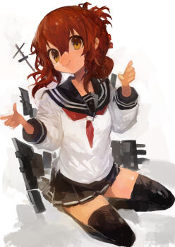1girl absurdres alternate_legwear anchor_symbol black_sailor_collar black_skirt black_thighhighs blush brown_eyes brown_hair folded_ponytail highres inazuma_(kancolle) kaamin_(mariarose753) kantai_collection long_hair long_sleeves mast neckerchief pleated_skirt rigging sailor_collar school_uniform serafuku shield ship_turret sitting skirt smile smokestack solo thighhighs torpedo torpedo_launcher torpedo_tubes wariza