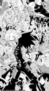 3girls 6+boys armor asakura_hao asakura_yoh bare_shoulders copyright_name dragon fighting flashback giant giantess hairband hat headphones highres husband_and_wife injury jewelry johann_faust_viii katana kyouyama_anna lips long_hair looking_at_another looking_at_viewer monochrome multiple_boys multiple_girls nurse nurse_cap official_art pino_graham possessed possession sequential shaman_king smile spiked_hair sweat sword tokagerou tona_papik_cadimahide translation_request umemiya_ryuunosuke very_long_hair viking weapon aged_down zria_gagarik