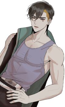 Rule 34 | 1boy, belt, belt buckle, black coat, black hair, black pants, blonde hair, boruto: two blue vortex, buckle, coat, earrings, eyebrow piercing, face piercing, facial tattoo, grey eyes, hand on own hip, ifevilwhyuhot, jewelry, kawaki (boruto), male focus, multicolored hair, naruto (series), pants, pectorals, piercing, purple tank top, sleeveless, sleeveless coat, solo, stud earrings, tank top, tattoo, toned, toned male, two-tone hair, undercut, upper body, white belt