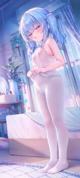 1girl absurdres blue_eyes blue_hair blush chen_bin clothes_lift highres loli looking_at_viewer looking_to_the_side no_bra open_mouth original panties pantyhose ponytail shirt_lift underwear undressing white_panties white_pantyhose