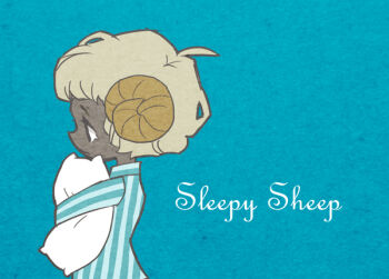 1boy 73_(naa) ahoge blonde_hair blue_background blue_pajamas character_name commentary_request dark-skinned_male dark_skin from_side gregory_horror_show holding holding_pillow horns male_focus negative_space pajamas personification pillow sheep_boy sheep_horns sleepy_sheep_(gregory_horror_show) solo striped_clothes striped_pajamas vertical-striped_clothes