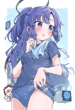 1boy 1girl adjusting_buruma adjusting_clothes black_buruma black_shirt blue_archive blue_jacket blush buruma cowboy_shot cube doodle_sensei_(blue_archive) highres jacket mecha purple_eyes purple_hair robot sensei_(blue_archive) shinshin_(ssnsn_oekaki) shirt star_(symbol) sweat sweatdrop t-shirt thigh_gap twitter yuuka_(blue_archive) yuuka_(track)_(blue_archive)