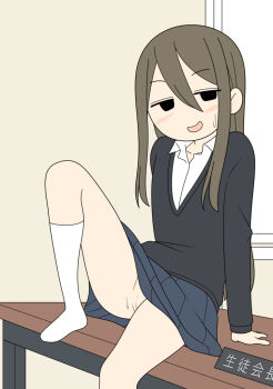 1girl blush brown_hair cleft_of_venus desk female_focus flat_chest indoors juukyuu loli long_hair looking_at_viewer no_panties on_desk one_leg_raised open_mouth original pussy school_uniform seductive_smile sitting skirt smile socks solo spread_legs white_socks