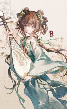 Rule 34 | 1girl, blue eyes, brown hair, chinese clothes, chinese text, commission, cone hair bun, double-parted bangs, duijin ruqun, floating hair, floral background, floral print, flower, green hanfu, hair bun, hair flower, hair ornament, hair ribbon, hanfu, highres, holding, holding instrument, instrument, long hair, long sleeves, looking at viewer, low-tied sidelocks, original, pipa (instrument), ribbon, sepia background, shito neko (zitonger), sidelocks, standing, tress ribbon, updo, very long hair