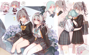 2girls alternate_costume alternate_hairstyle bag bandaid bandaid_on_face black_sailor_collar black_skirt black_socks blush bow chibi closed_eyes closed_mouth firefly_(honkai:_star_rail) firefly_(spring_missive)_(honkai:_star_rail) green_bow grey_hair hair_ornament hairband highres honkai:_star_rail honkai_(series) kneehighs long_hair looking_at_another multicolored_eyes multiple_girls multiple_views official_alternate_costume ponytail rain sailor_collar school_bag school_uniform shirt simple_background sitting skirt sleeves_rolled_up smile socks spoken_blush standing stelle_(honkai:_star_rail) thighhighs trailblazer_(honkai:_star_rail) white_sailor_collar white_shirt white_thighhighs yajuu yellow_bow yellow_eyes zettai_ryouiki