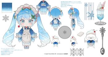 3girls apron blue_eyes blue_hair blue_kimono blush cherry cherry_earrings chibi chibi_only chinese_commentary commentary_request cup drinking_glass drinking_straw earrings food food-themed_earrings food_themed_earrings fortissimo fruit hair_ornament hatsune_miku highres ice_cream japanese_clothes jewelry kimono leaf_hair_ornament long_hair long_sleeves lunar_(lunar_815) maid maid_apron maid_headdress mixed-language_text multiple_girls multiple_views musical_note musical_note_hair_ornament obi parfait reference_sheet sandals sash snowflake_print snowflakes spoon turnaround twintails vocaloid wa_maid yuki_miku yuki_miku_(2024)_(applicant) zouri