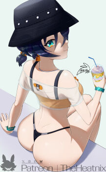 Rule 34 | 1girl, ass, ass focus, back, belle (summer skies) (zenless zone zero), belle (zenless zone zero), bikini, blue hair, breasts, bucket hat, crop top, drink, from behind, green eyes, hair ornament, hand on floor, hat, highres, holding, holding drink, looking at viewer, looking back, official alternate costume, orange bikini, patreon username, see-through clothes, see-through shirt, shirt, short hair, shorts, sitting, smile, swimsuit, theheatnix, zenless zone zero
