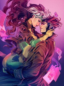 1boy 1girl artist_name bodysuit brown_coat brown_hair brown_jacket card coat commentary couple covered_navel english_commentary floating_hair gambit green_bodysuit grin hetero jacket long_hair looking_at_another marvel marvel_rivals multicolored_bodysuit multicolored_hair rogue_(x-men) short_hair smile tholia_bentz twitter_username two-tone_bodysuit two-tone_hair watermark web_address white_hair x-men yellow_bodysuit