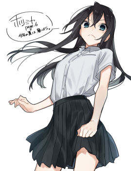 1girl black_hair black_skirt blue_eyes breasts clenched_hand closed_mouth collared_shirt commentary_request copyright_name crossed_bangs dress_shirt hagiwara_daisuke hori-san_to_miyamura-kun long_hair looking_at_viewer mole mole_under_eye pleated_skirt sawada_honoka school_uniform shirt short_sleeves simple_background skirt small_breasts solo split_mouth translation_request white_background white_shirt