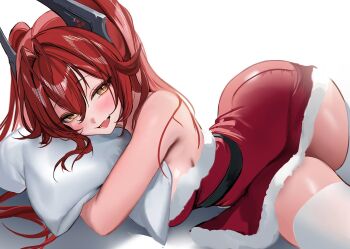 1girl :d alternate_costume bare_arms bare_shoulders blush commentary dress english_commentary fur-trimmed_dress fur_trim goddess_of_victory:_nikke horns long_hair looking_at_viewer lying mikan03_26 open_mouth pillow red_dress red_hair red_hood_(nikke) santa_costume simple_background smile solo thighhighs thighs white_background white_thighhighs yellow_eyes