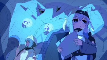 Rule 34 | 2girls, :o, absurdres, ahoge, animal ears, backpack, bag, bat (animal), blue hair, blue theme, cat ears, colored tips, commentary request, doorway, dungeon, ekomori eko, fantasy, fire, hat, hat feather, highres, holding, holding lantern, holding map, hood, hood up, hoodie, lantern, map, multicolored hair, multiple girls, open mouth, original, shadow