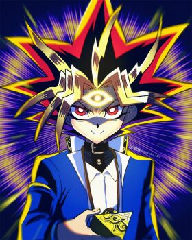 Rule 34 | 1boy, black hair, blonde hair, blue jacket, commentary request, facial mark, forehead mark, glowing, highres, jacket, male focus, millennium puzzle, motion lines, purple eyes, purple hair, raijin-bh, shirt, solo, speed lines, upper body, white shirt, yami yugi, yu-gi-oh!, yu-gi-oh! duel monsters