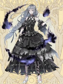 1boy :| arm_at_side belt black_belt black_dress black_fire black_gloves blunt_bangs bow braid closed_mouth crinoline crossdressing crossdressing_(mtf) daimon_karyudo dairoku_ryouhei detached_sleeves dress fingerless_gloves fire full_body gem glass_slipper glove_bow gloves grey_bow grey_eyes hair_belt hand_up high_heels ihara_(wi_m0) leg_belt long_dress long_hair long_sleeves looking_at_viewer low-braided_long_hair low-tied_long_hair male_focus multiple_belts pyrokinesis single_braid single_glove sleeveless sleeveless_dress solo standing three-quarter_sleeves torn_clothes torn_dress torn_sleeves trap very_long_hair white_footwear yellow_background