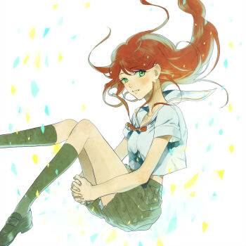 1girl bare_arms bare_legs bow eyebrows_hidden_by_hair eyelashes female_focus floating_hair green_eyes harry_potter_(series) kurosujuu legs lily_evans long_hair looking_at_viewer midriff_peek parted_lips red_hair school_uniform shoes skirt socks solo teeth wizarding_world