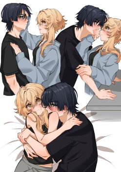 1boy 1girl absurdres adam's_apple alternate_costume arm_support black_eyes black_hair black_shirt black_sleeves black_tank_top blonde_hair blunt_ends blush collarbone contemporary couple covering_another's_mouth dintoge eye_contact face-to-face fingernails from_side genshin_impact grey_pants grey_robe grey_sleeves groin hair_between_eyes hair_intakes hair_over_shoulder hand_on_another's_arm hand_on_another's_forehead hand_on_another's_shoulder hand_on_another's_waist hands_on_table head_on_another's_shoulder hetero highres hug_from_side kiss kissing_neck leaning_back leaning_forward looking_at_another looking_to_the_side lumine_(genshin_impact) multiple_views open_hands open_mouth pants robe scaramouche_(genshin_impact) sequential shirt short_hair short_hair_with_long_locks short_sleeves shoulder_peek sidelocks sideways_glance sleeves_past_wrists t-shirt tank_top teeth upper_teeth_only white_background wide-eyed yellow_eyes
