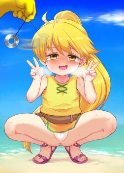 1girl anus bar_censor belt blonde_hair blush bottomless breath censored clothes_lift double_v dress dress_lift feet gen_1_pokemon heart heart_censor highres hypno hypnosis loli long_hair mind_control muhyowo nintendo no_panties pendulum pokemon pokemon_adventures ponytail pussy sandals smile spread_legs squatting thighs toes v yellow_(pokemon)