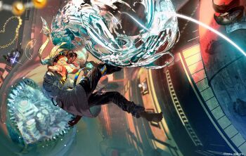 1boy bead_bracelet beads black_hair black_pants black_shirt black_shoes blurry blurry_background bracelet building chain city colorful dark-skinned_male dark_skin falling from_above glint gloves grey_jacket highres hood hood_up hooded_jacket hydrokinesis jacket jamil_viper jewelry light_particles long_hair looking_up magic male_focus mau_sakura midair motion_blur necklace outdoors pants paper shirt shoes solo treasure twisted_wonderland twitter_username unworn_jewelry unworn_necklace unworn_shoes water