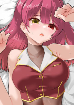 1girl absurdres breasts commentary_request cropped_jacket harry_(namayake) heterochromia highres hololive houshou_marine houshou_marine_(1st_costume) jacket large_breasts leotard leotard_under_clothes long_hair looking_at_viewer lying on_back open_mouth red_eyes red_jacket sleeveless sleeveless_jacket solo virtual_youtuber yellow_eyes