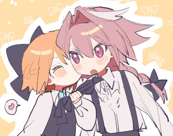 Rule 34 | 1boy, 1girl, astolfo (fate), blonde hair, blush, bow, braid, closed eyes, couple, fate/grand order, fate (series), hair bow, heart, hetero, kiss, kissing cheek, koyashaka, liss meier (koyashaka), oc x canon, pink hair, spoken heart, suspenders