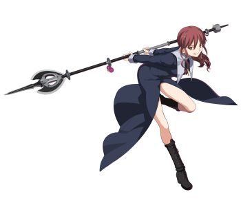 1girl 3d anime_coloring arms_behind_back black_boots black_dress black_sleeves boots brown_eyes brown_hair buttons closed_mouth collar cross cross_necklace dress full_body game_cg habit hair_between_eyes hair_ornament hair_scrunchie highres holding holding_polearm holding_weapon jewelry knee_boots lace-up_boots leaning_forward legs_apart long_hair long_sleeves looking_at_viewer melty_blood melty_blood:_type_lumina mole mole_under_mouth necklace no_socks noel_(tsukihime) non-web_source nun official_art one_eye_closed polearm pommel_tassel ponytail scrunchie side_ponytail sidelocks sleeve_cuffs smile solo standing standing_on_one_leg tachi-e takeuchi_takashi tongue tongue_out transparent_background tsukihime tsukihime_(remake) type-moon wavy_hair wavy_sidelocks weapon white_collar wing_collar