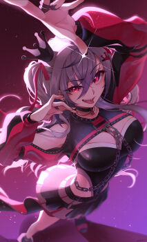 1girl absurdres arm_up black_choker black_crown black_leotard black_shrug breasts choker cleavage clothing_cutout commentary commentary_request crown double-parted_bangs earrings english_commentary grey_hair hair_between_eyes hand_up highres hololive hololive_dev_is hoop_earrings isaki_riona isaki_riona_(flowglow_uniform) jewelry large_breasts leotard leotard_under_clothes long_hair looking_at_viewer mini_crown miniskirt mixed-language_commentary multiple_rings official_alternate_costume official_alternate_hairstyle open_mouth pleated_skirt ring sasatake shoulder_cutout shrug_(clothing) single_sidelock skirt solo standing tongue tongue_out two_side_up virtual_youtuber white_skirt