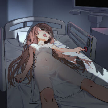 1girl bed brown_hair crack_of_light goddess_of_victory:_nikke head_on_pillow highres hospital hospital_bed hospital_gown indoors jason_kong loli long_hair lying official_alternate_design on_back open_mouth pillow pressing_button rapi_(nikke) rapi_(young)_(nikke) red_button red_eyes screaming see-through_clothes sleeveless white_gown