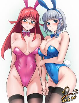 2girls blue_eyes blush braid breasts cleavage detached_collar grey_hair hair_ornament hairclip highres huge_breasts large_breasts long_hair looking_at_viewer multiple_girls pantyhose pink_hair playboy_bunny renais_cardiff_shishiou seolla_schweizer short_hair side_braid sunglasses super_robot_wars super_robot_wars_alpha super_robot_wars_dd super_robot_wars_original_generation the_2nd_super_robot_wars_alpha the_3rd_super_robot_wars_alpha thighhighs voice_actor_connection yoo_tenchi yuusha_ou_gaogaigar_final yuusha_series