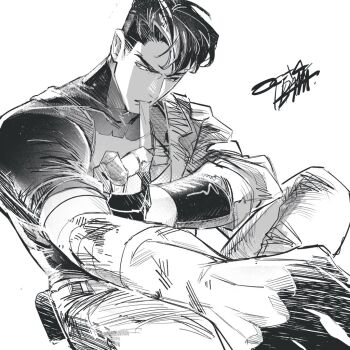 1boy bat_signal batman_(series) batman_symbol black_bodysuit black_hair blue_eyes bodysuit brown_jacket dc_comics grey_bodysuit holding jacket jason_todd male_focus multicolored_bodysuit muscular muscular_male open_clothes pants red_hood_(dc) red_hood_and_the_outlaws short_hair superhero_costume taut_bodysuit tokitokororo two-tone_bodysuit