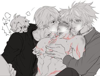 4boys abs anger_vein antenna_hair black_hoodie black_shirt blush braid character_doll chest_tattoo collared_shirt commentary_request doll facial_tattoo flame_reaver_of_the_deepest_dark grabbing_from_behind greyscale highres honkai:_star_rail honkai_(series) hood hood_down hoodie kiss large_pectorals licking licking_another's_face licking_another's_lips male_focus meshiau79187 mini_person miniboy monochrome multiple_boys multiple_persona muscular muscular_male mydei_(honkai:_star_rail) neck_tattoo open_clothes pectoral_grab pectorals phainon_(honkai:_star_rail) phainon_(khaslana)_(honkai:_star_rail) red_tattoo saliva scar scar_on_face scar_on_neck shirt short_hair side_braid spot_color tattoo topless_male yaoi