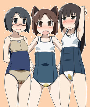 Rule 34 | 3girls, animal ears, armpit hair, armpits, arupakaya, bad id, bad pixiv id, blood, blush, breasts, flat chest, glasses, inside-out, kitahara hinata, menstrual blood, menstruation, miyawaka kaho, multiple girls, pee, peeing, peeing together, small breasts, stain, sukumi's!, swimsuit, tampon, urasoe kurumi, wolf ears